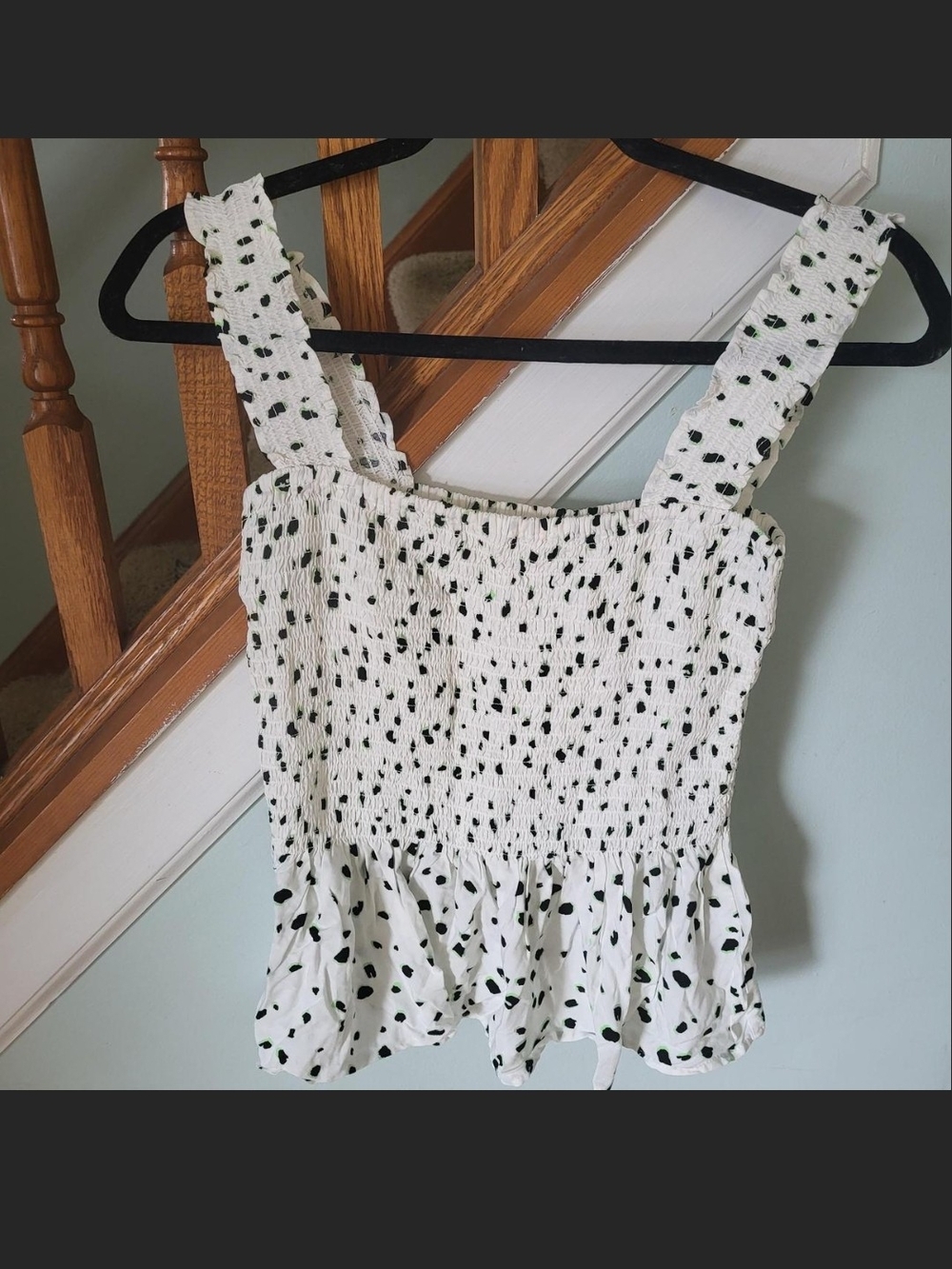 Elodie White Smocked Tank with Black and Green Dot Print